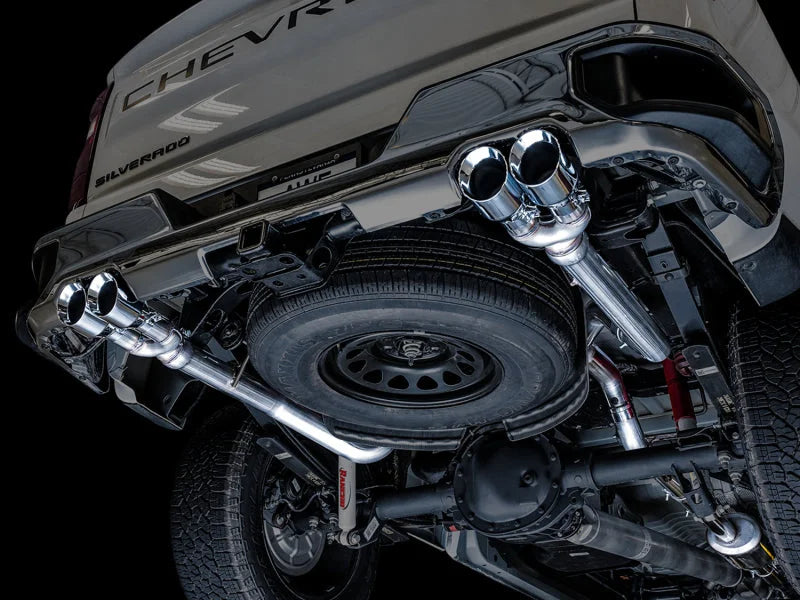 AWE Tuning 4th Gen GM 1500 5.3L 0FG Catback Split Rear Exit (w/ Bumper Cutouts) - Quad Chrome Tips - Back View