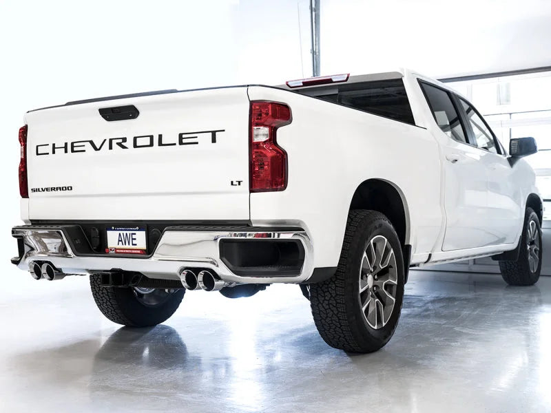 AWE Tuning 4th Gen GM 1500 5.3L 0FG Catback Split Rear Exit (w/ Bumper Cutouts) - Quad Chrome Tips - Installation View