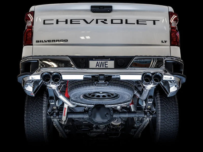 AWE Tuning 4th Gen GM 1500 5.3L 0FG Catback Split Rear Exit (w/ Bumper Cutouts) - Quad Chrome Tips - Additional View 6