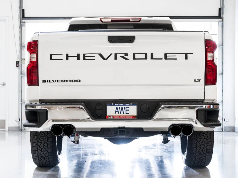 AWE Tuning 4th Gen GM 1500 5.3L 0FG Catback Split Rear Exit (w/ Bumper Cutouts) - Quad Diamond Tips - Back View