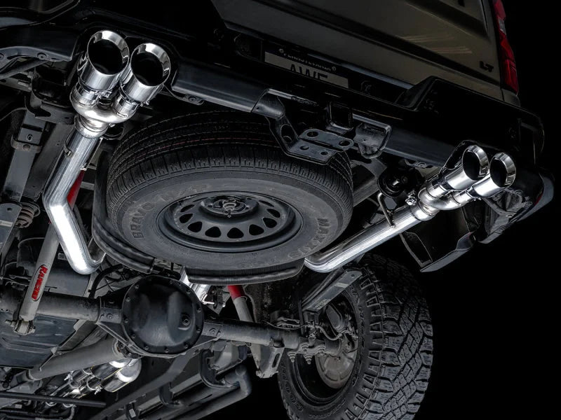 AWE Tuning 4th Gen GM 1500 6.2L 0FG Catback Split Rear Exit (w/ Bumper Cutouts) - Quad Chrome Tips - Additional View 5