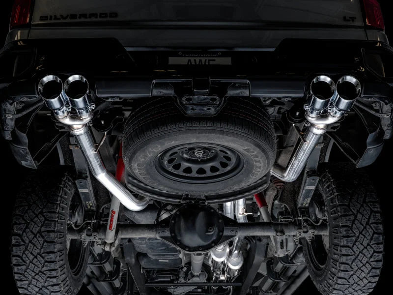 AWE Tuning 4th Gen GM 1500 6.2L 0FG Catback Split Rear Exit (w/ Bumper Cutouts) - Quad Chrome Tips - Additional View 6