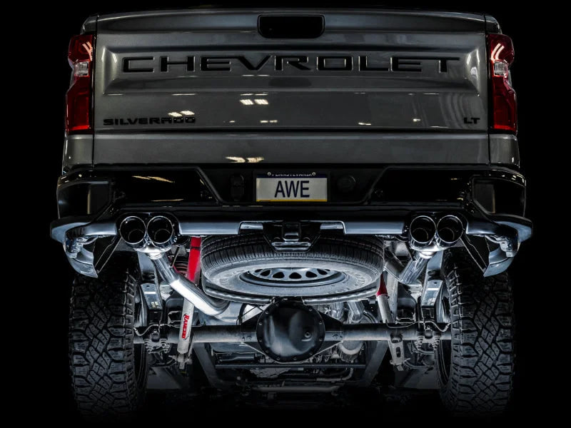 AWE Tuning 4th Gen GM 1500 6.2L 0FG Catback Split Rear Exit (w/ Bumper Cutouts) - Quad Chrome Tips - Additional View 7