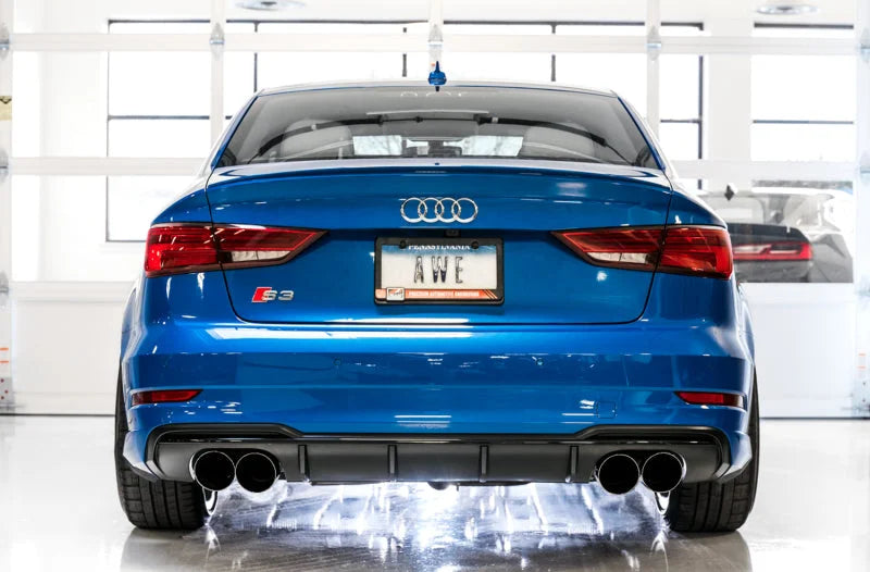 AWE Tuning Audi 8V S3 Track Edition Exhaust w/Chrome Silver Tips 102mm - Back View