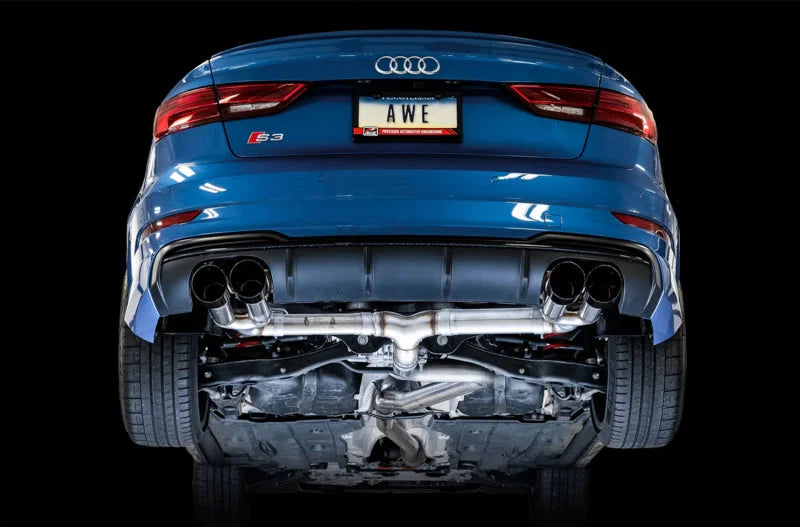 AWE Tuning Audi 8V S3 Track Edition Exhaust w/Diamond Black Tips 102mm - Back View