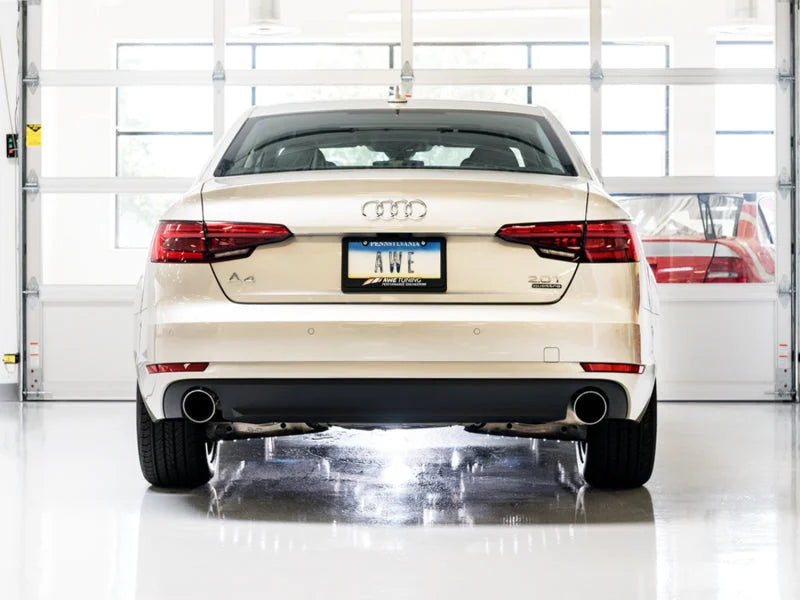 AWE Tuning Audi B9 A4 Touring Edition Exhaust Dual Outlet - Chrome Silver Tips (Includes DP) - Installation View