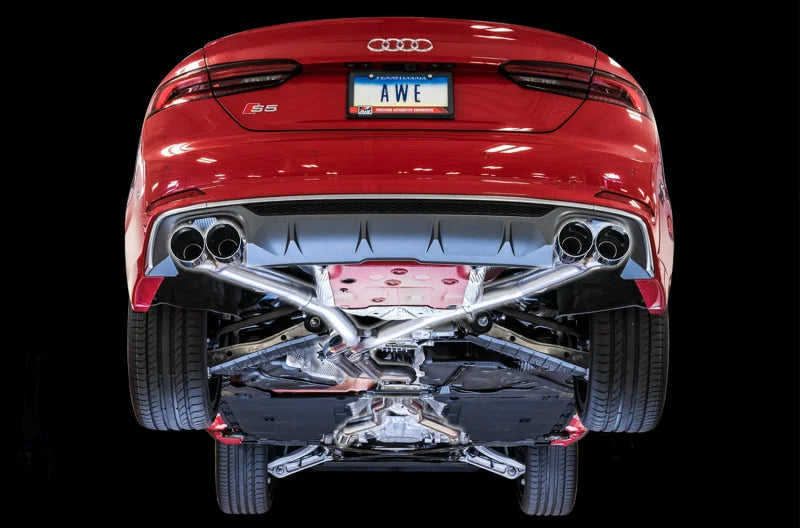 AWE Tuning Audi B9 S5 Coupe 3.0T Track Edition Exhaust - Chrome Silver Tips (102mm) - Side View