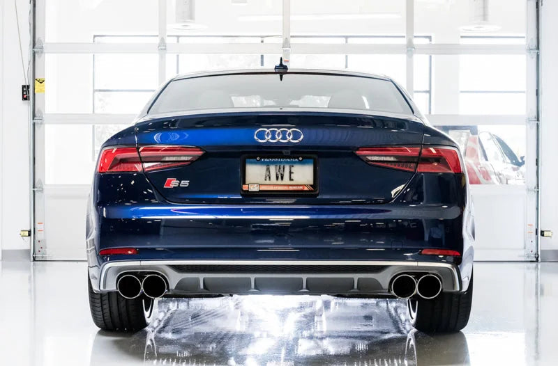AWE Tuning Audi B9 S5 Coupe 3.0T Track Edition Exhaust - Chrome Silver Tips (102mm) - Back View