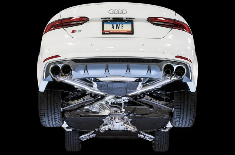 AWE Tuning Audi B9 S5 Sportback Track Edition Exhaust - Non-Resonated (Black 102mm Tips) - Back View
