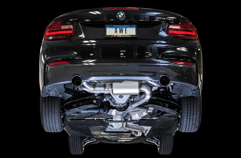 AWE Tuning BMW F22 M235i / M240i Touring Edition Axle-Back Exhaust - Chrome Silver Tips (90mm) - Back View