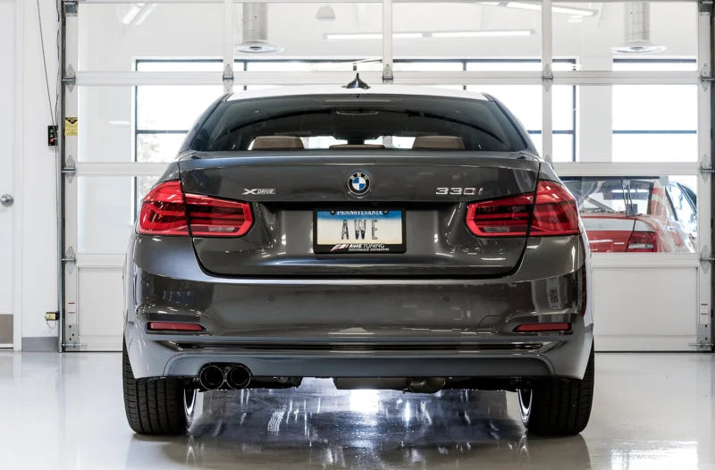 AWE Tuning BMW F3X 28i / 30i Touring Edition Axle-Back Exhaust Single Side - 80mm Black Tips - Side View