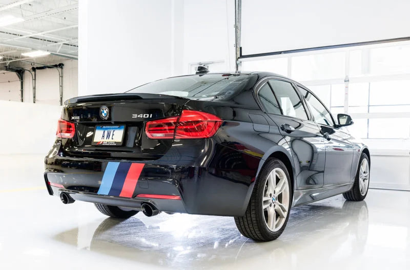 AWE Tuning BMW F3X 340i Touring Edition Axle-Back Exhaust - Chrome Silver Tips (102mm) - Back View