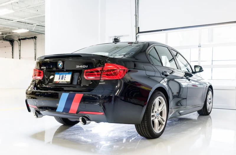 AWE Tuning BMW F3X 340i Touring Edition Axle-Back Exhaust - Diamond Black Tips (102mm) - Side View