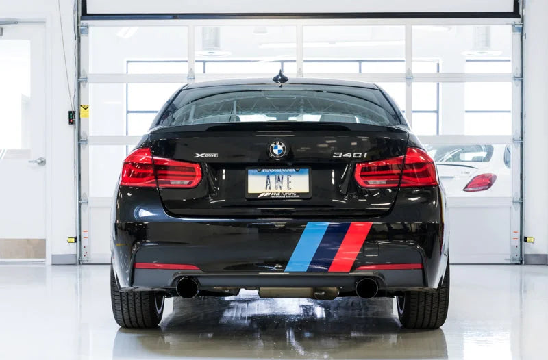AWE Tuning BMW F3X 340i Touring Edition Axle-Back Exhaust - Diamond Black Tips (102mm) - Back View