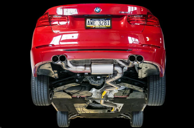 AWE Tuning BMW F3X N20/N26 328i/428i Touring Edition Exhaust Quad Outlet - 80mm Chrome Silver Tips - Side View