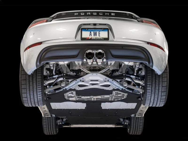 AWE Tuning Porsche 718 Boxster / Cayman Touring Edition Exhaust - Chrome Silver Tips - Side View