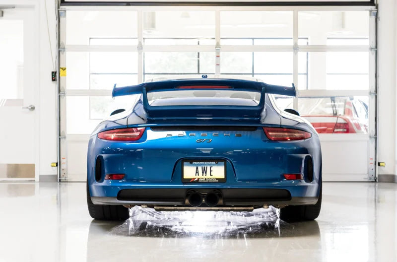 AWE Tuning Porsche 991 GT3 / RS Center Muffler Delete - Diamond Black Tips - Side View