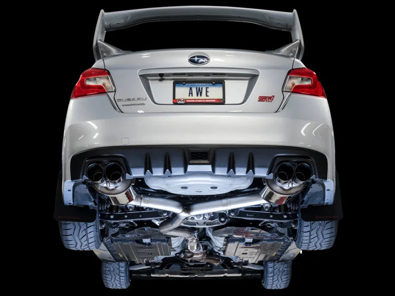 AWE Tuning Subaru STI VA / WRX GV / STI GV Sedan Touring Edition Exhaust - Chrome Silver Tip (102mm) - Installation View
