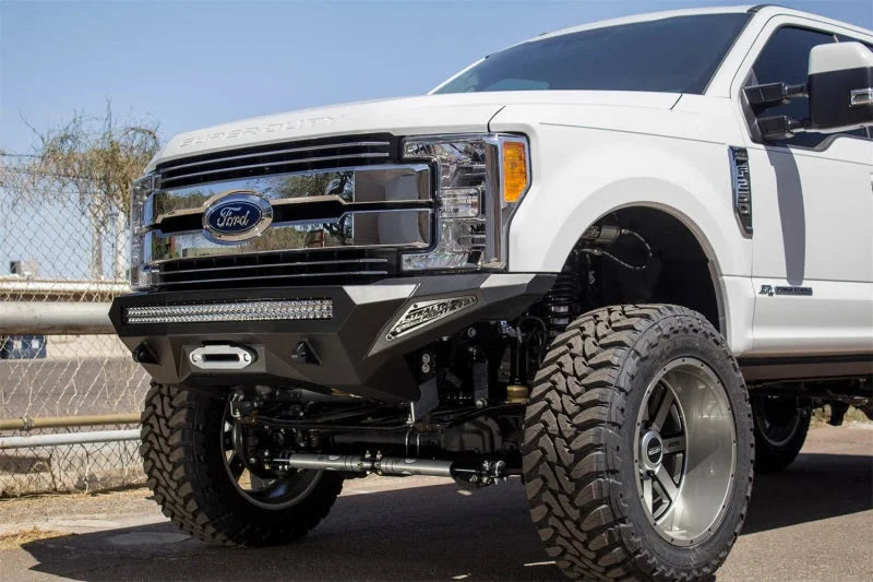 Addictive Desert Designs 17-18 Ford F-250 Super Duty Stealth Fighter Front Bumper w/ Winch Mounts - Installation View