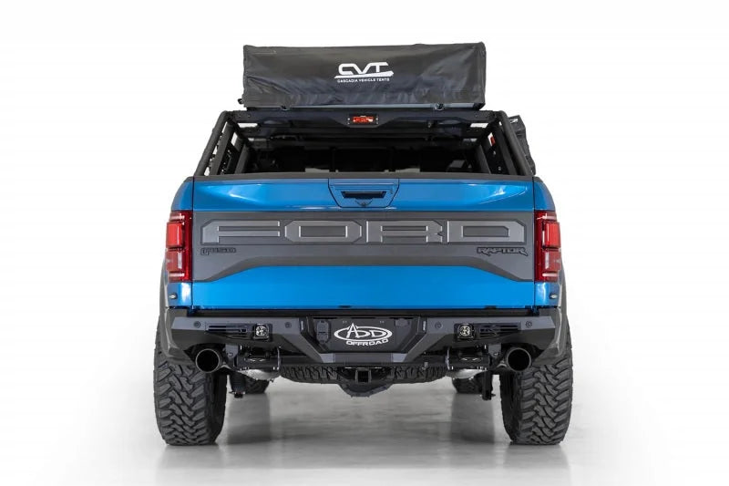 Addictive Desert Designs 17-20 Ford Raptor F-150 Bomber Rear Bumper w/ Backup Sensor Cutouts - Installation View