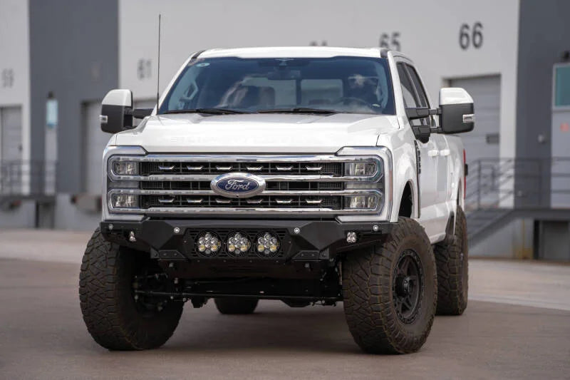 Addictive Desert Designs 2023+ Ford F-250/F-350 Bomber Front Bumper (w/ 3 Baja Designs LP6 Mounts) - Installation View