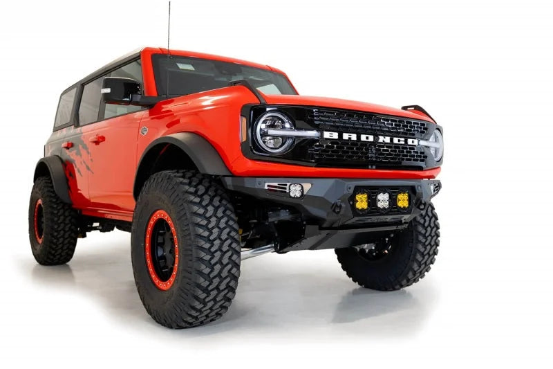 Addictive Desert Designs 21-22 Ford Bronco Bomber Front Bumper (w/ 3 Baja Designs LP4 Mounts) - Installation View
