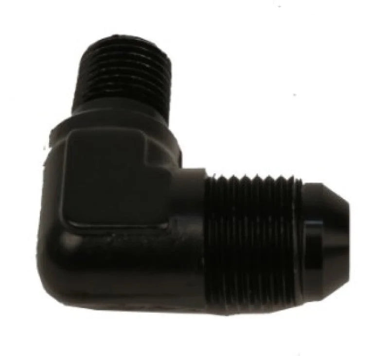 Aeromotive Fitting Elbow 1/4in-MNPT to AN-08 90-Deg Black - Detail View