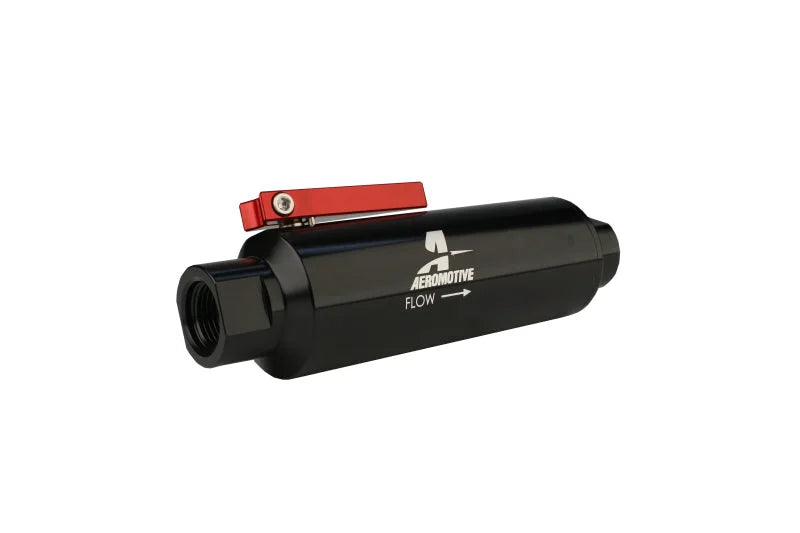 Aeromotive In-Line AN-10 Filter w/Shutoff Valve 100 Micron SS Element - Black Anodize Finish - Main Product View