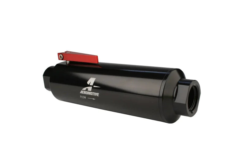 Aeromotive In-Line AN-12 Filter w/Shutoff Valve 100 Micron SS Element - Black Anodize Finish - Main Product View