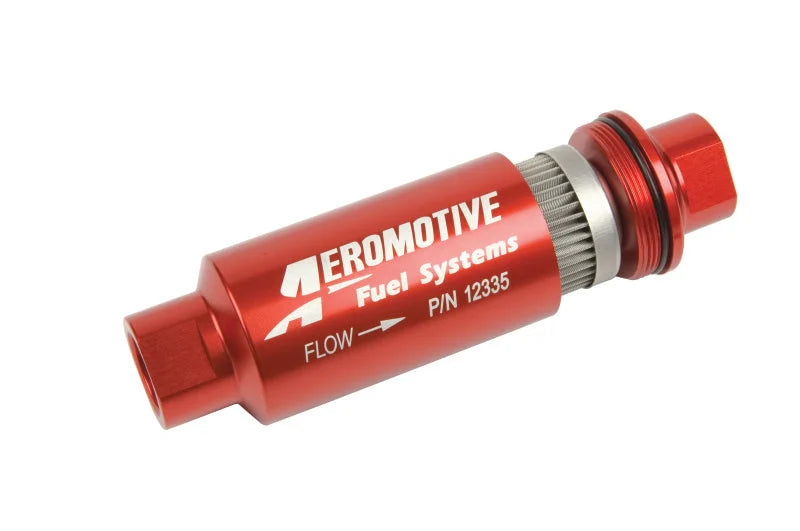 Aeromotive In-Line Filter - AN-10 size - 40 Micron SS Element - Red Anodize Finish - Side View