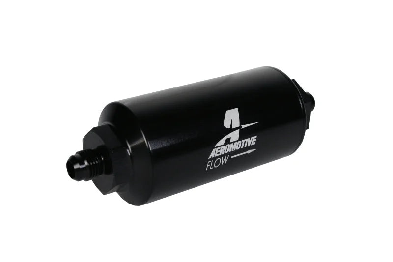 Aeromotive In-Line Filter - (AN-6 Male) 10 Micron Fabric Element Bright Dip Black Finish - Side View
