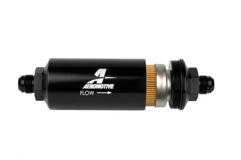 Aeromotive In-Line Filter - (AN -8 Male) 10 Micron Fabric Element Bright Dip Black Finish - Side View