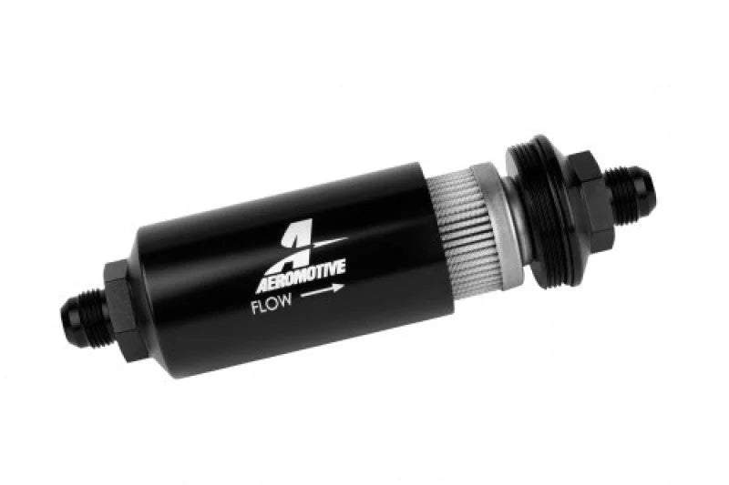 Aeromotive In-Line Filter - (AN -8 Male) 40 Micron Stainless Mesh Element Bright Dip Black Finish - Side View