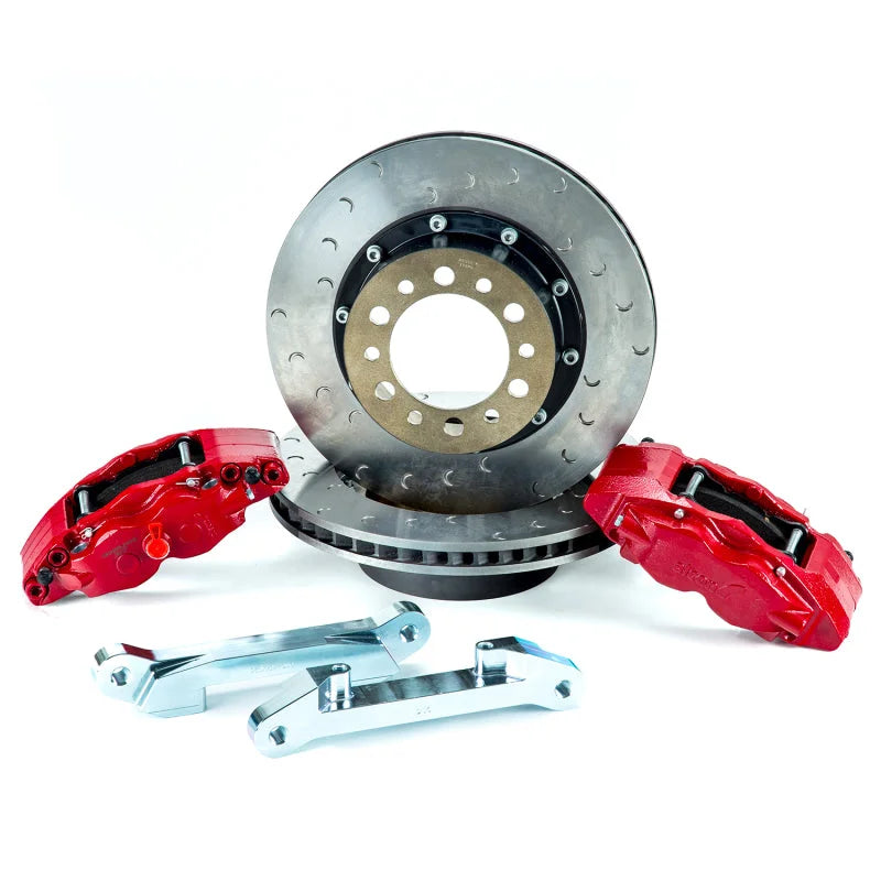 Alcon 2007+ Jeep JK w/ 6x5.5in Hub 355x22mm Rotor 4-Piston Calipers Rear Brake Upgrade Kit - Red - Side View