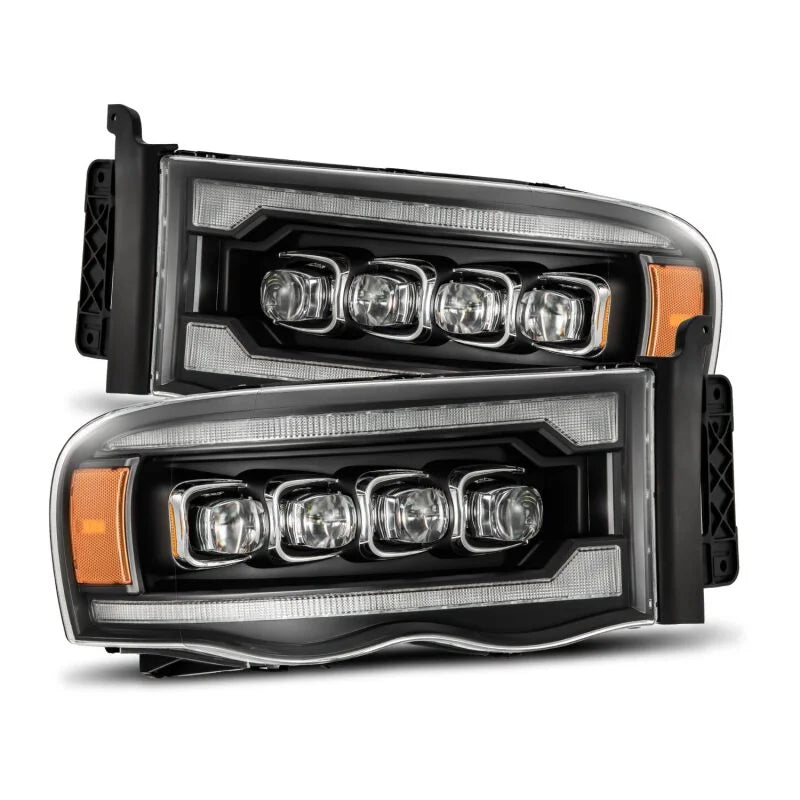 AlphaRex 02-05 Dodge Ram 1500 NOVA LED Proj Headlights Plank Style Blk w/Activ Light/Seq Signal - Main Product View