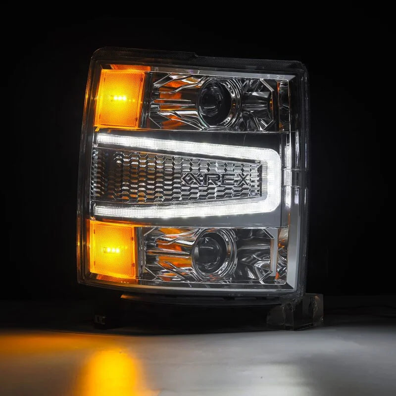 AlphaRex 04-15 Chevy 1500HD LUXX LED Proj Headlights Chrome w/Seq Activation Light / Seq Signal - Installation View