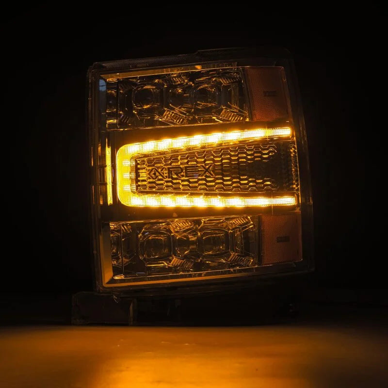 AlphaRex 04-15 Chevy 1500HD NOVA-Series LED Proj Headlights Chrome w/Activ Light/Seq Signal & SB DRL - Installation View