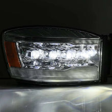 Load image into Gallery viewer, AlphaRex 06-08 Dodge Ram 1500HD NOVA LED Proj Headlights Plank Style Blk w/Seq Signal/DRL/Amber LED - Installation View