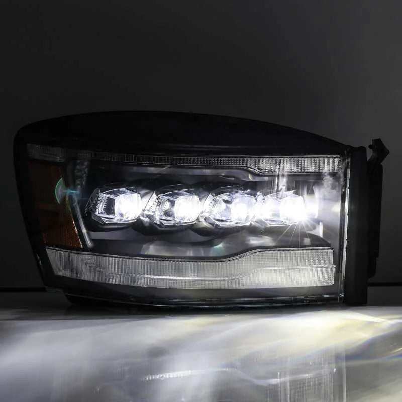 AlphaRex 06-08 Dodge Ram 1500HD NOVA LED ProjHeadlights Plank Style Blk w/Seq Signal/DRL/Amber LED - Back View