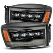 Load image into Gallery viewer, AlphaRex 06-08 Ram 1500HD NOVA LED Proj Headlights Plank Style Alpha Blk w/Seq Signal/DRL/Amber LED - Main Product View