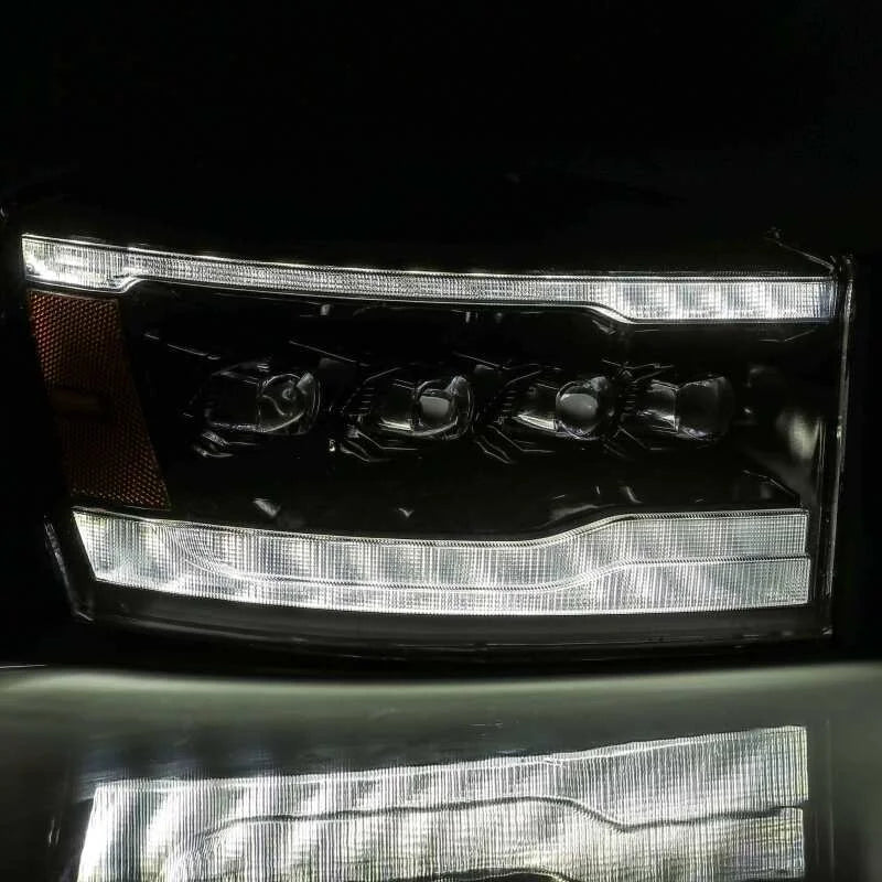 AlphaRex 06-08 Ram 1500HD NOVA LED Proj Headlights Plank Style Alpha Blk w/Seq Signal/DRL/Amber LED - Installation View