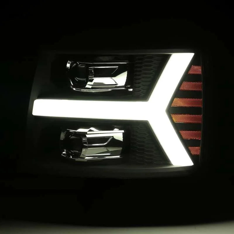 AlphaRex 07-13 Chevy 1500HD PRO-Series Proj Headlight Plank Style Gloss Blk w/Activ Light/Seq Signal - Back View