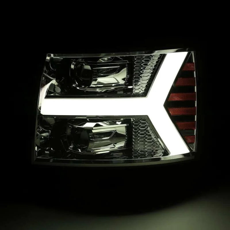 AlphaRex 07-13 Chevy 1500HD PRO-Series Proj Headlights Plank Style Chrome w/Activ Light/Seq Signal - Back View