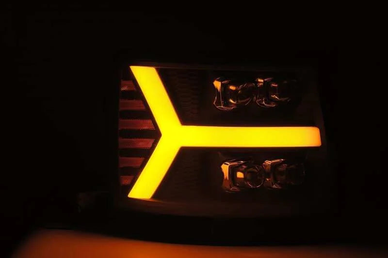 AlphaRex 07-13 Chevy 1500HD(NewBody) NOVA LED Proj Headlight Plank Sty Glos Blk w/Activ Lite/Seq Sig - Side View