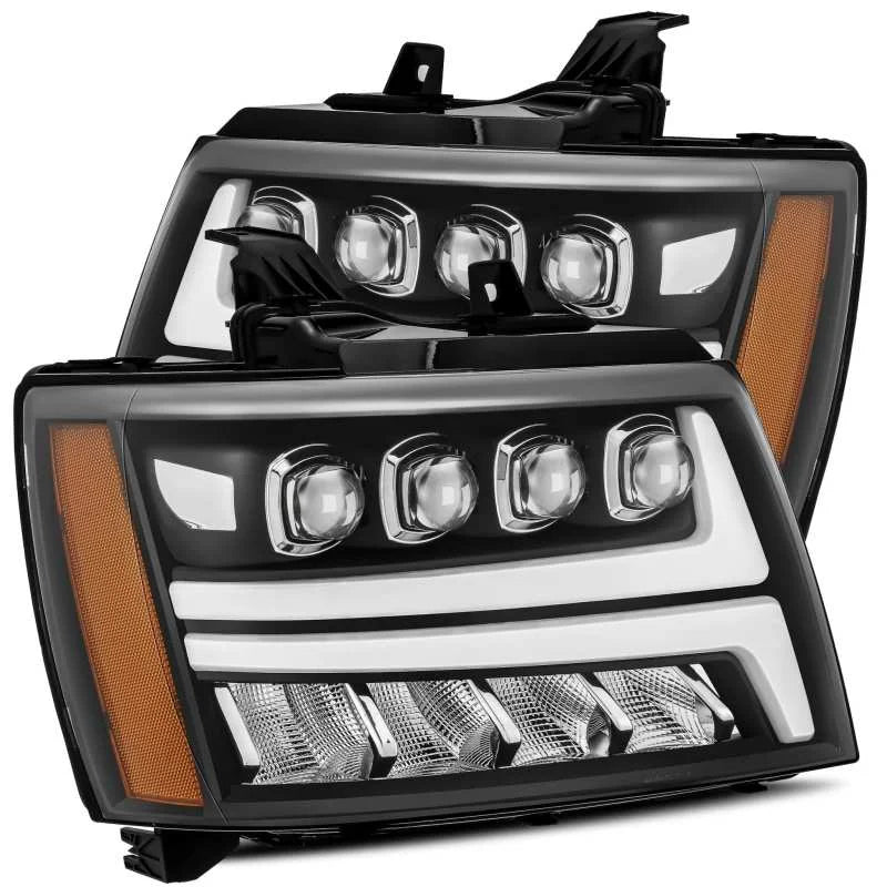 AlphaRex 07-13 Chevy Avalanche NOVA LED Proj Headlights Plank Style Matte Black w/Activ Light/DRL - Main Product View
