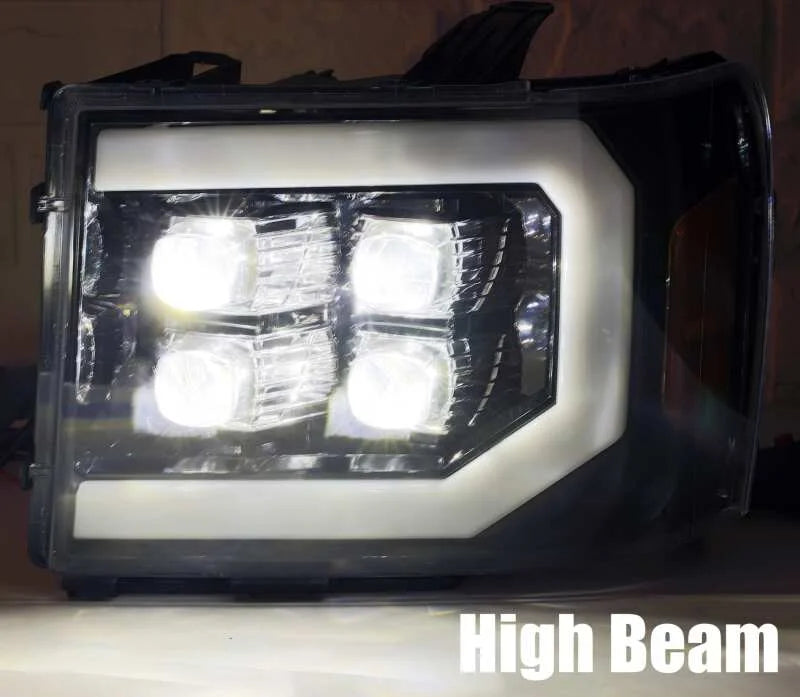 AlphaRex 07-13 GMC 1500HD NOVA LED Proj Headlights Plank - Jet Black w/Activ Light/Seq Signal/DRL - Installation View