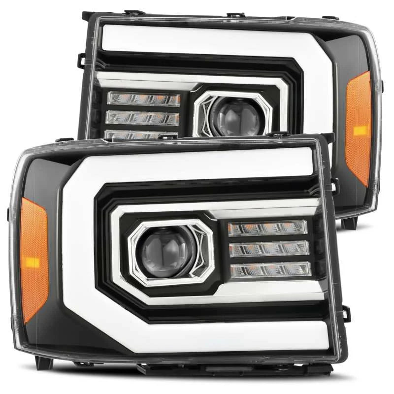 AlphaRex 07-13 GMC 1500HD PRO-Series Proj Headlights Plank Style Gloss Blk w/Activ Light/Seq Signal - Main Product View