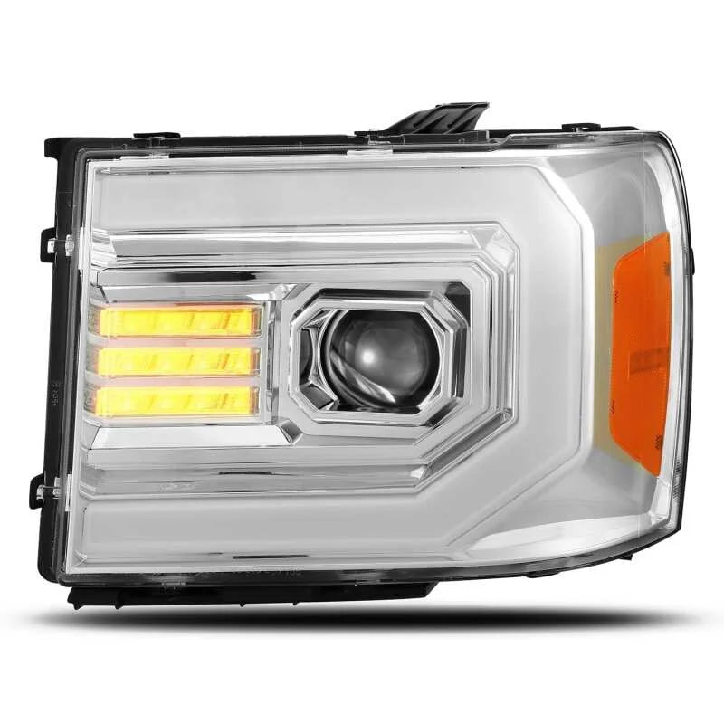 AlphaRex 07-13 GMC 1500HD PRO-Series Proj Headlights Plank Style Gloss Blk w/Activ Light/Seq Signal - Installation View
