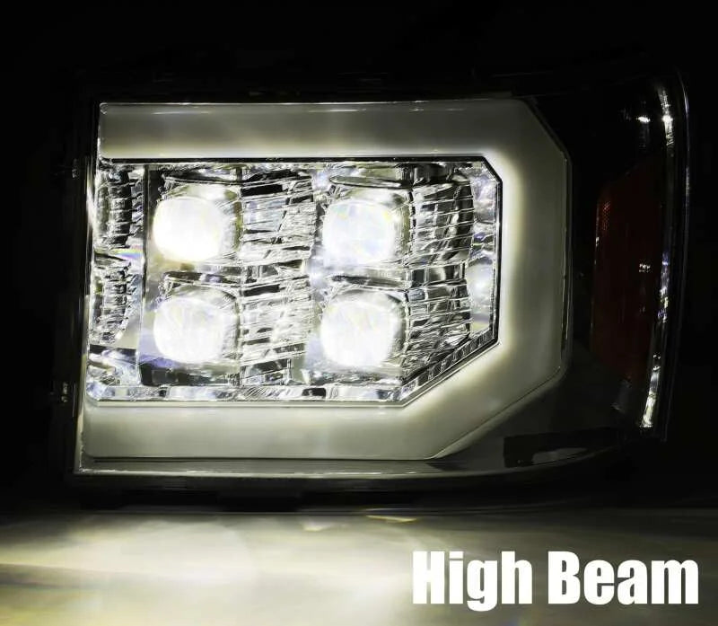 AlphaRex 07-14 GMC 2500HD NOVA LED Proj Headlight Plank Style Matte Blk w/Activ Light/Seq Signal/DRL - Back View