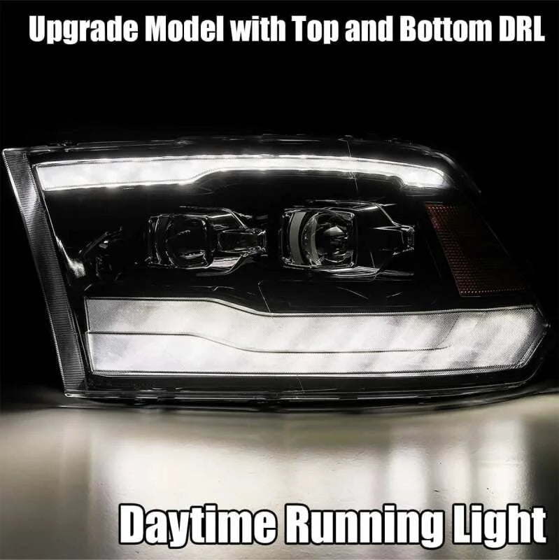 AlphaRex 09-18 Dodge Ram 1500HD LUXX LED Proj Headlights Plnk Style Blk w/Activ Light/Seq Signal/DRL - Side View